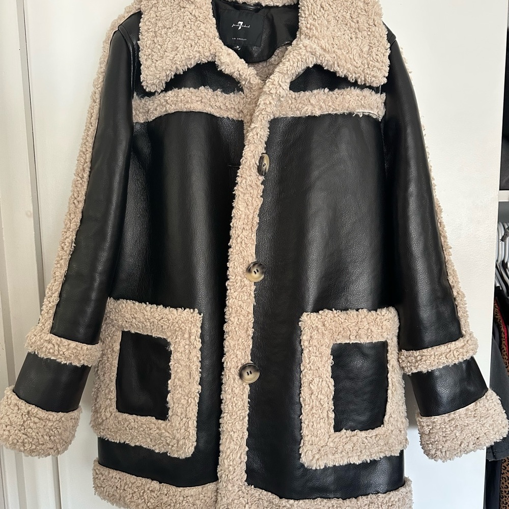 7 For All Mankind Black and Cream Leather Jacket with Shearling Trim